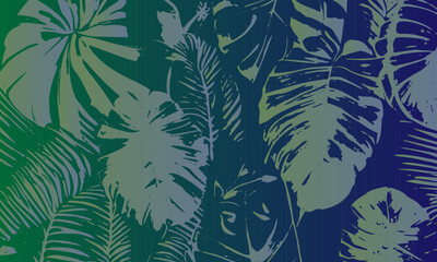 Colorful gradient grunge background. Tropical leaves. Vector
