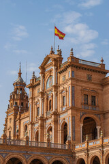 Detail and ornaments of central facade of orange palace in Plaza de España, Seville SPAIN
