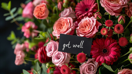 Lovely bouquet of red and pink roses with a sign stating 'get well'.