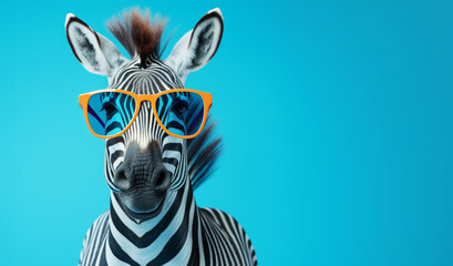 Stylish zebra with orange sunglasses on a blue background - obrazy, fototapety, plakaty