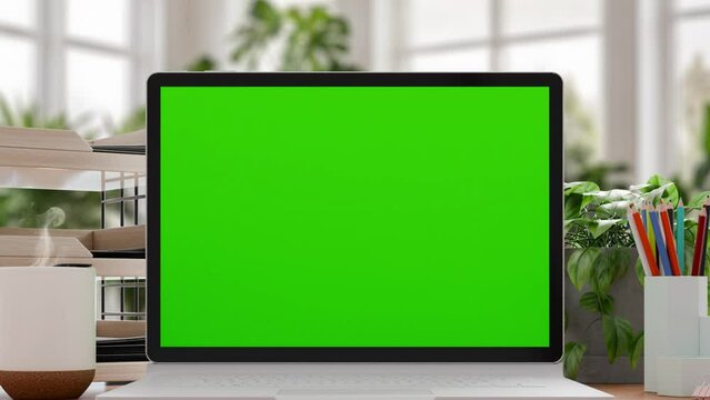 laptop with blank green screen in cozy bright home office environment