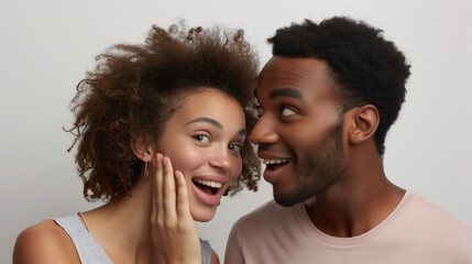 Diverse surprised couple leaning to each other close up portrait on light neutral gray background hatching up or contriving something - obrazy, fototapety, plakaty