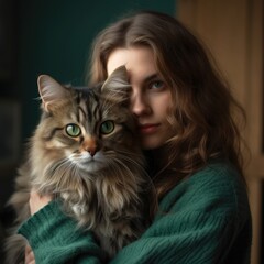 Young woman holding a long haired cat.