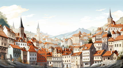 Idyllic european town scenery with mountains in the background