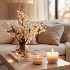 Modern house interior details. Simple cozy beige living room interior with white sofa, decorative pillows, wooden table with candles and natural decorations