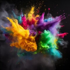 colorful rainbow holi paint color powder explosion dark black wide panorama background peace rgb beautiful party concept
