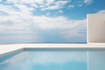 Serene infinity pool against sky with distant island view on sunny day