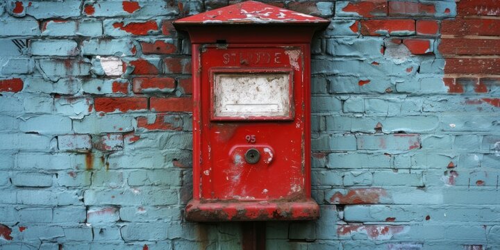 Red Mailbox on Blue Brick Wall