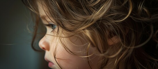 Shallow depth of field emphasizes buckled hair on child.
