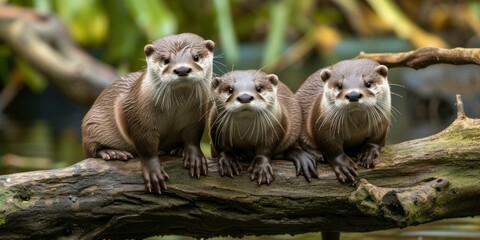 Fototapeta premium Three Otters Perched on Tree Branch