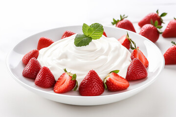 
a plate of sour cream with a lot of strawberries in it on the white table