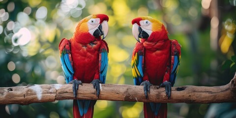 Two Colorful Parrots Perched on a Tree Branch