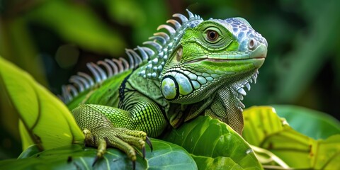Obraz premium Green Iguana Perched on Leafy Tree