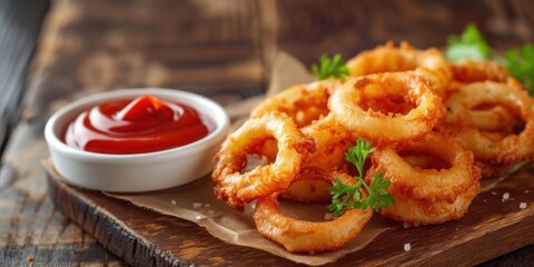 Onion Rings With Ketchup on Cutting Board