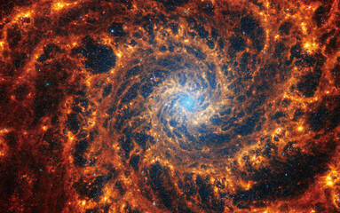 Face-on spiral galaxy, NGC 628. Bright orange and red galactic long-range captured imagery....