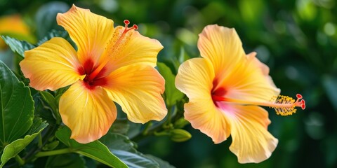 Fototapeta premium Two Yellow Flowers With Green Leaves