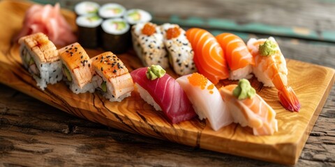 Abundant Sushi Platter on Wooden Plate