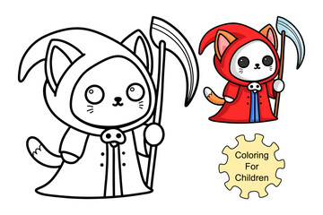 learn to color a cat wearing a grim reaper costume, coloring book, coloring pages for children.