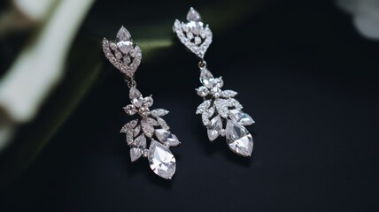 Exquisite silver diamond wedding earrings showcased against a sophisticated black backdrop, embodying timeless elegance