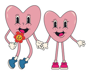 Groovy lovely heart sticker. Pink hearts with faces. Couple in love. Funny cartoon characters with in trendy retro groove style. Happy Valentines day. Vector illustration