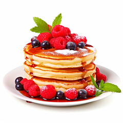 Breakfast pancake with berries on a plate with isolated white background - ai generative