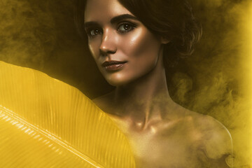Creative artwork template collage of sensual beauty woman shiny glitter body golden leaves extract essence lotion