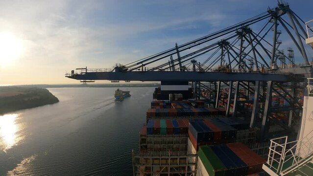 Lazaro Cardenas, Mexico - 20.03.2023 Timelapse of container ship has loading operations with few gantry cranes in n Lazaro Cardenas Terminal.
