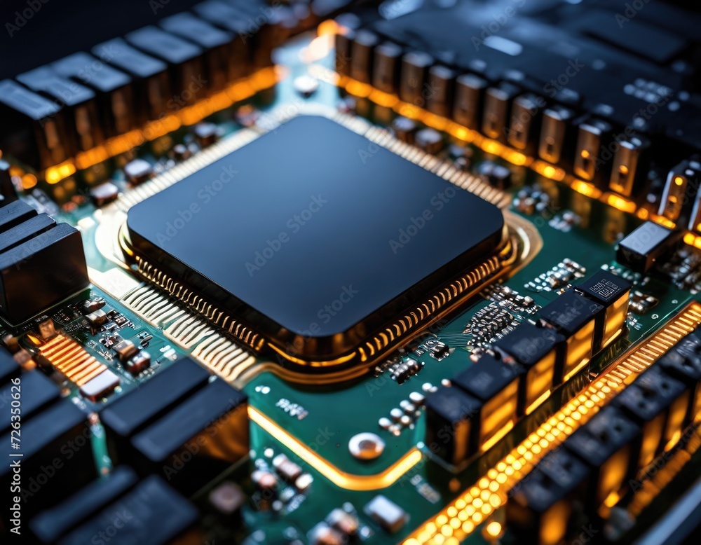 Poster detailed closeup macro electronic printed circuit board chip for engineering and technology hardware