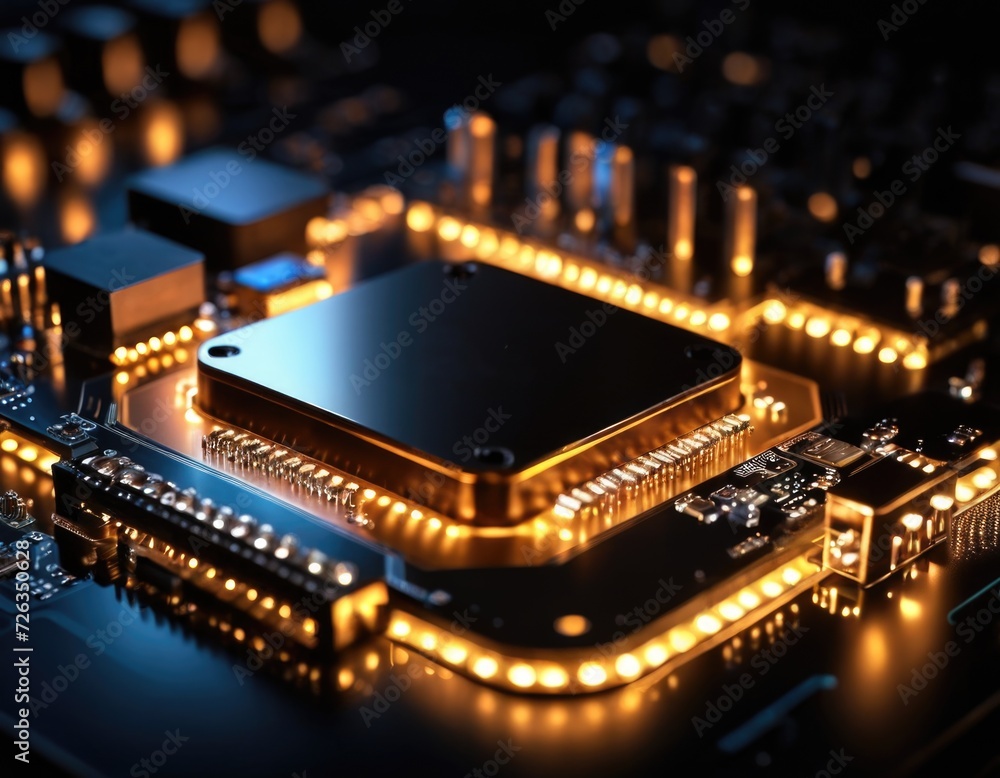 Poster detailed closeup macro electronic printed circuit board chip for engineering and technology hardware