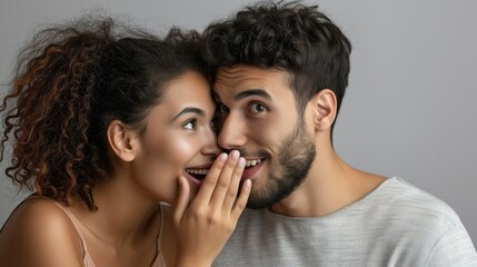 Hispanic young woman laughing closing her mouth with hand next to her caucasian man so no one could hear what she is talking about on light neutral grey background hatching up or contriving something - obrazy, fototapety, plakaty