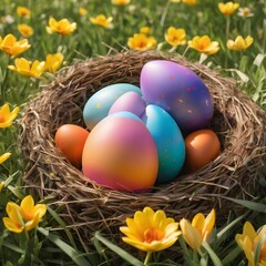 Obraz na płótnie Canvas Easter Eggs Basket in a Flowerfield