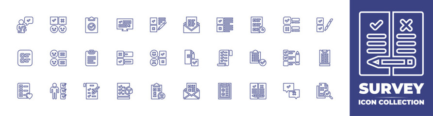Survey line icon collection. Editable stroke. Vector illustration. Containing surveyor, answers, survey, task, list, clipboard, to do list, unhappy, shopping list, checklist, poll, protocols, email.