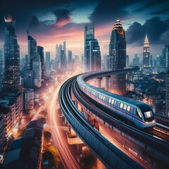 sky train railway in metropolis in night life transportation concept