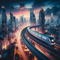 Fotobehang sky train railway in metropolis in night life transportation concept © Laura