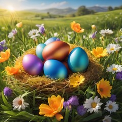 Fototapeta na wymiar Easter Eggs Basket in a Flowerfield
