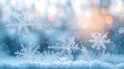 Fototapeta na wymiar A frozen windowpane adorned with frosty snowflakes, creating a picturesque and festive winter scene
