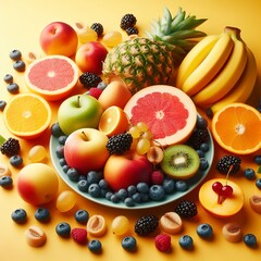 Ripe fresh fruit on a yellow background