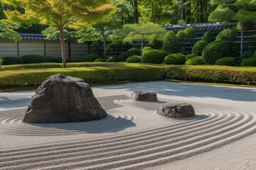 Obraz premium A tranquil Japanese Zen garden with raked sand, rocks, and minimalistic aesthetics