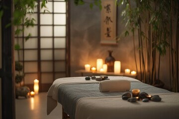 A tranquil spa setting with a massage table, candles, and a zen atmosphere