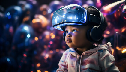 Recreation of a baby with a virtual reality goggles - obrazy, fototapety, plakaty