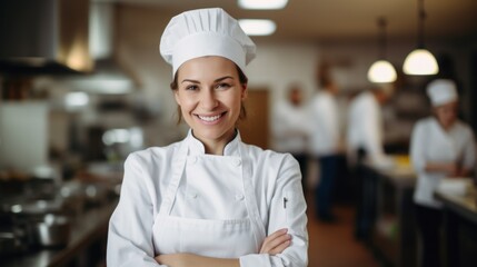 A happy smiling female chef in the background of the restaurant kitchen. Bakery, Pastry shop, cafe, food concepts.