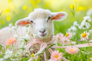 An adorable, fluffy sheep with a ribbon, surrounded by flowers and green grass, against a bright...