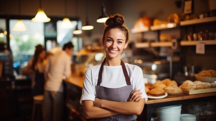 Portrait of a happy smiling pastry chef smiling against the background of a restaurant kitchen near delicious fresh pastries. Bakery, Pastry shop, cafe concepts.
