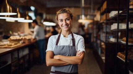 Portrait of a happy smiling pastry chef smiling against the background of a restaurant kitchen.