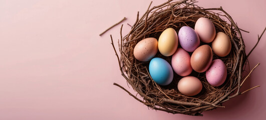 nest made of twigs and flowers full of chocolate decorated Easter eggs on a colorful background