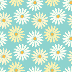 Seamless pattern of yellow and white daisies chamomile on turquoise background.