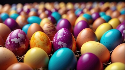 Fototapeta na wymiar closeup view of colorful easter eggs background. generative, ai.