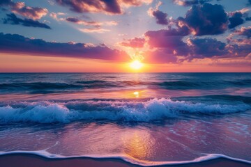 A dramatic sunset over a vast ocean with waves gently crashing onto the shore - obrazy, fototapety, plakaty