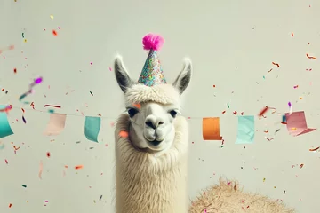 Rolgordijnen A fluffy llama with a birthday hat, on a beige background with mountains and festive streamers © furyon