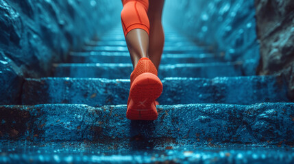 A woman wearing red running gear on some stairs
